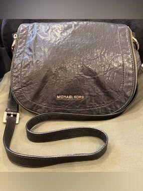 Michael Kors Black Leather Messenger Crossbody with Gold Logo